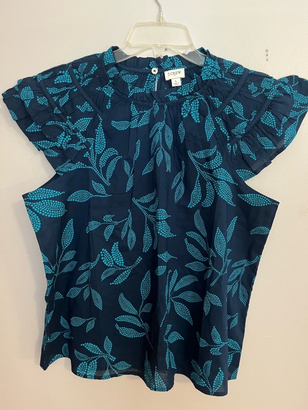 J. Crew Teal Leaf-Print Flutter Sleeve Blouse on Navy